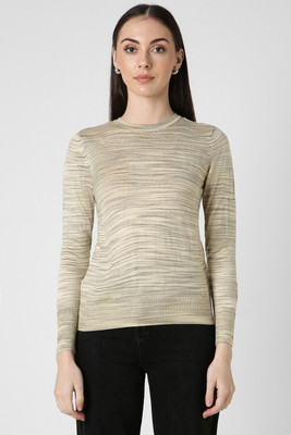VAN HEUSEN Printed Round Neck Casual Women Beige Sweater