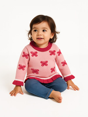 NautiNati Printed Round Neck Casual Girls Pink Sweater