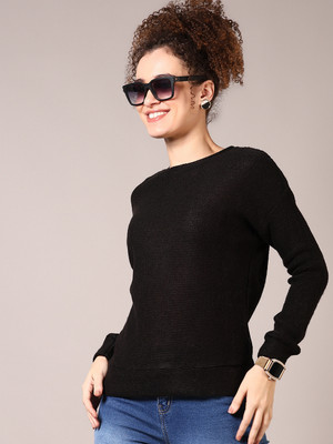 V-MART Solid, Self Design Round Neck Casual Women Black Sweater