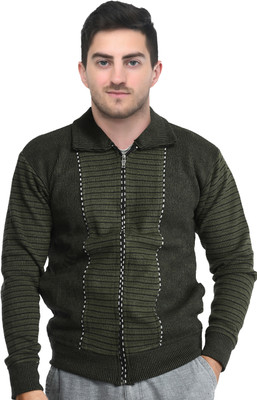 Life and style Striped Collared Neck Casual Men Dark Green Sweater