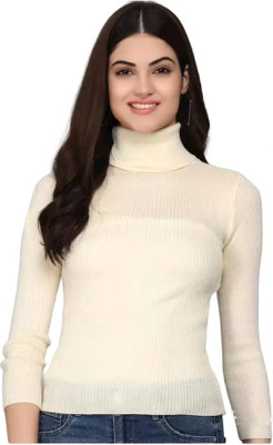 LITHISA Solid High Neck Casual Women White Sweater