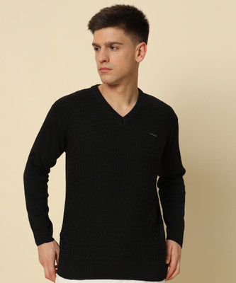 HELL BOUND Solid V Neck Casual Men Black Sweater