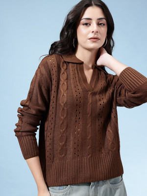 Glitchez Self Design Peter Pan Collar Casual Women Brown Sweater
