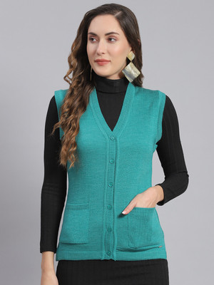MONTE CARLO Solid V Neck Casual Women Green Sweater