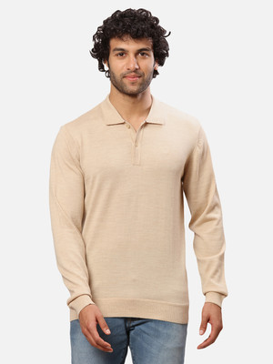 Raymond Solid Collared Neck Casual Men Beige Sweater