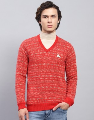 MONTE CARLO Printed V Neck Casual Men Red Sweater