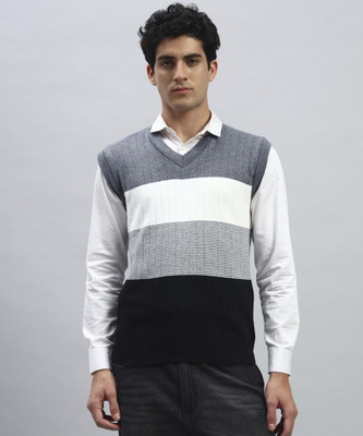HELL BOUND Striped V Neck Casual Men Grey Sweater