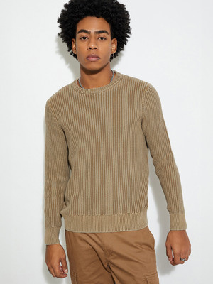 MAX Self Design Round Neck Casual Men Beige Sweater