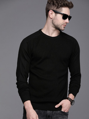 WROGN Solid Round Neck Casual Men Black Sweater