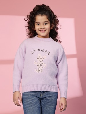 Albion Solid Round Neck Casual Girls Purple Sweater