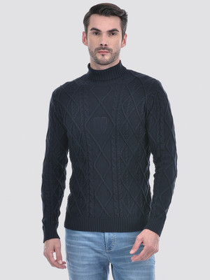 NUMERO UNO Self Design Turtle Neck Casual Men Dark Blue Sweater