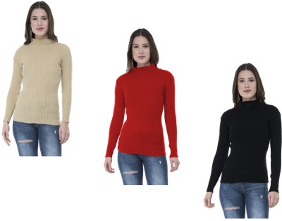 Indistar Solid High Neck Casual Women Beige, Red, Black Sweater