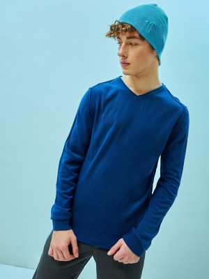 BEWAKOOF Solid V Neck Casual Men Blue Sweater