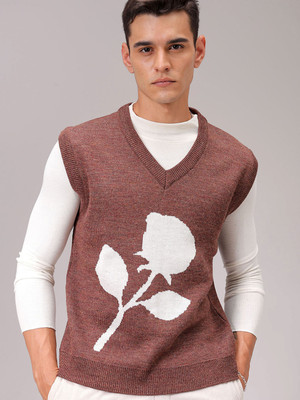 The Indian Garage Co. Floral Print V Neck Casual Men Brown Sweater