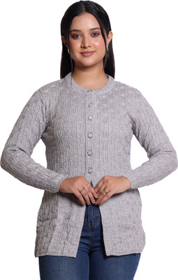 Varenyam Self Design Ruffle Neck Casual Women Grey Sweater