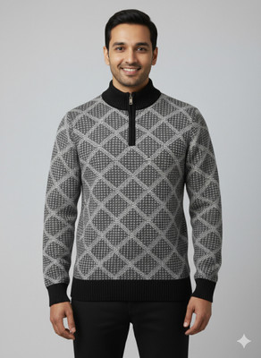 WoolCraft Printed High Neck Casual Men Black, Grey Sweater