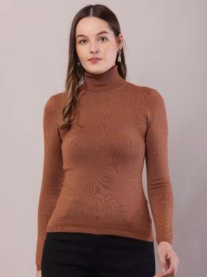 Nobarr Solid High Neck Casual Women Brown Sweater