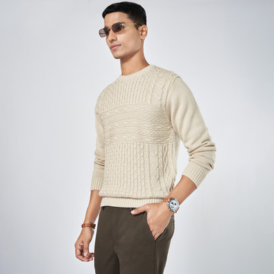 Byford by Pantaloons Solid Round Neck Casual Men Beige Sweater