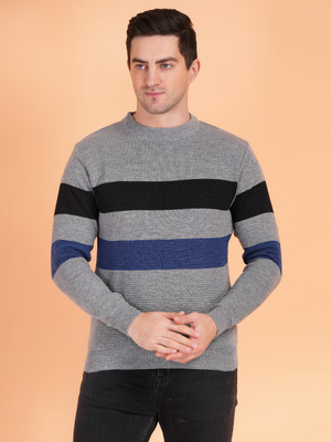 AXOLOTL Striped Round Neck Casual Men Grey Sweater