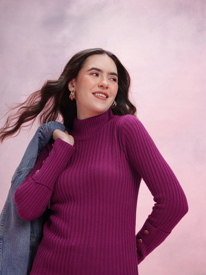 Dressberry Solid High Neck Casual Women Purple Sweater