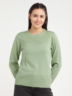 Zink London Solid Round Neck Casual Women Green Sweater