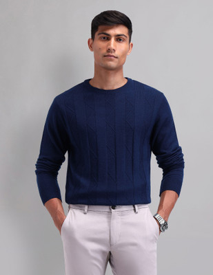 AD by Arvind Self Design Round Neck Casual Men Blue Sweater