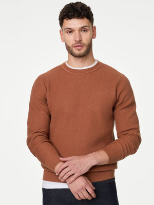 MARKS & SPENCER Striped Round Neck Casual Men Brown Sweater