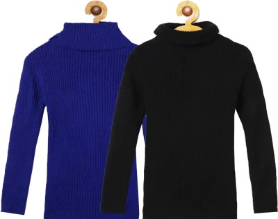 100LUCK Solid High Neck Casual Boys & Girls Black, Dark Blue Sweater