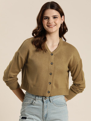 HERE&NOW Solid V Neck Casual Women Brown Sweater