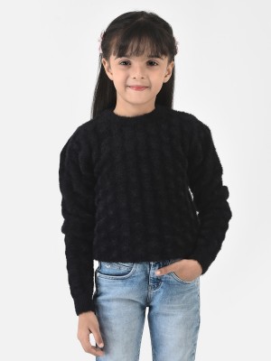 CRIMSOUNE CLUB Self Design Round Neck Casual Girls Black Sweater