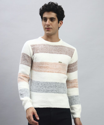 TWOCRAZIIE Colorblock Round Neck Casual Men Orange Sweater
