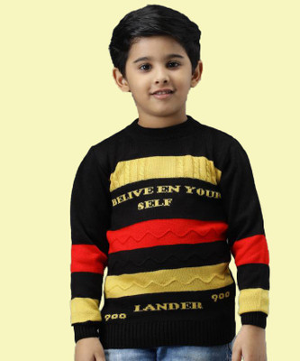 ANIXA Striped Round Neck Casual Boys & Girls Black Sweater