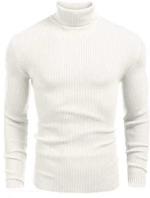 HOSUEOFCOMMON Self Design High Neck Casual Men White Sweater