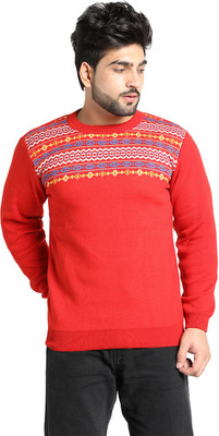 VENATORIA Woven Round Neck Casual Men Red Sweater