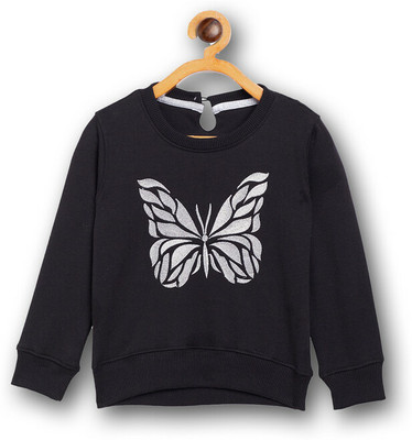 COMPOUND Printed Round Neck Casual Baby Girls Black Sweater