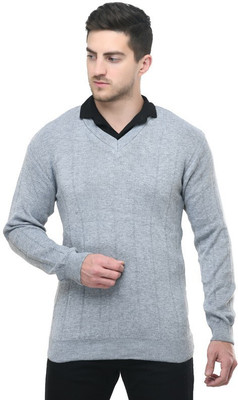 Life and style Solid V Neck Casual Men Grey Sweater