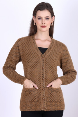 First Sleep Printed V Neck Casual Women Reversible Brown Sweater