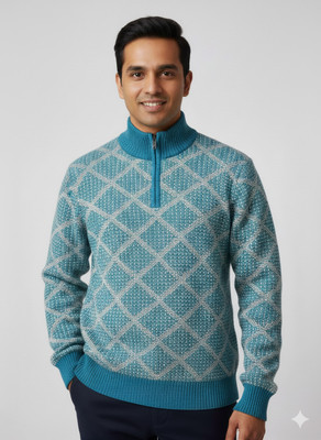 WoolCraft Printed High Neck Casual Men Blue Sweater