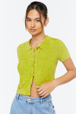 FOREVER 21 Solid Collared Neck Casual Women Green Sweater