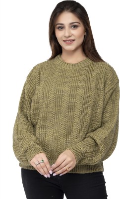 Prashar Exports Striped Round Neck Casual Women Green Sweater