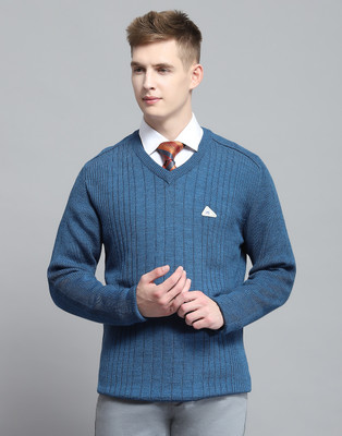 MONTE CARLO Self Design V Neck Casual Men Blue Sweater
