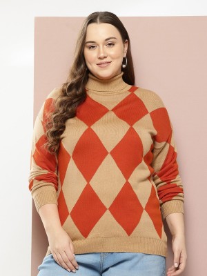 Sztori Checkered Turtle Neck Casual Women Beige Sweater