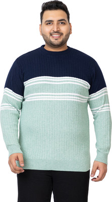 KVETOO Striped Round Neck Casual Men Green Sweater