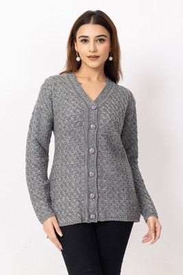 Dodge Self Design V Neck Casual Women Grey Sweater