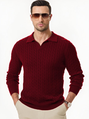 TYSORT Self Design Collared Neck Casual Men Maroon Sweater