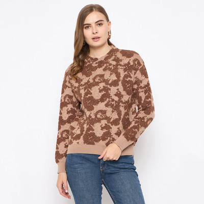 MADAME Printed Crew Neck Casual Women Brown Sweater