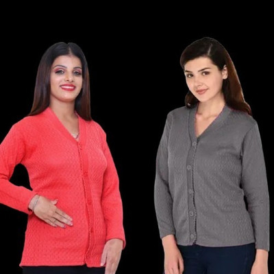 LUXURIOUS DESIGN Solid V Neck Casual Women Red, Grey Sweater