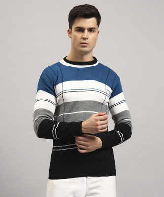 DIVYAM COLLECTION Striped, Colorblock Round Neck Casual Men Blue Sweater