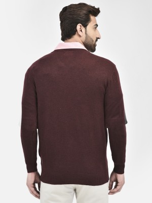 CRIMSOUNE CLUB Solid V Neck Casual Men Maroon Sweater