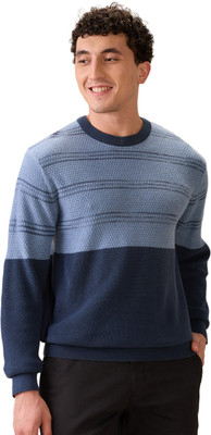 COLORPLUS Colorblock Round Neck Casual Men Blue Sweater